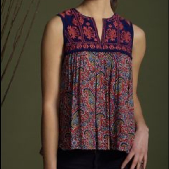 Anthropologie Tops - Anthropologie Hazel sleeveless paisley embroidered swing tank top notch neck L